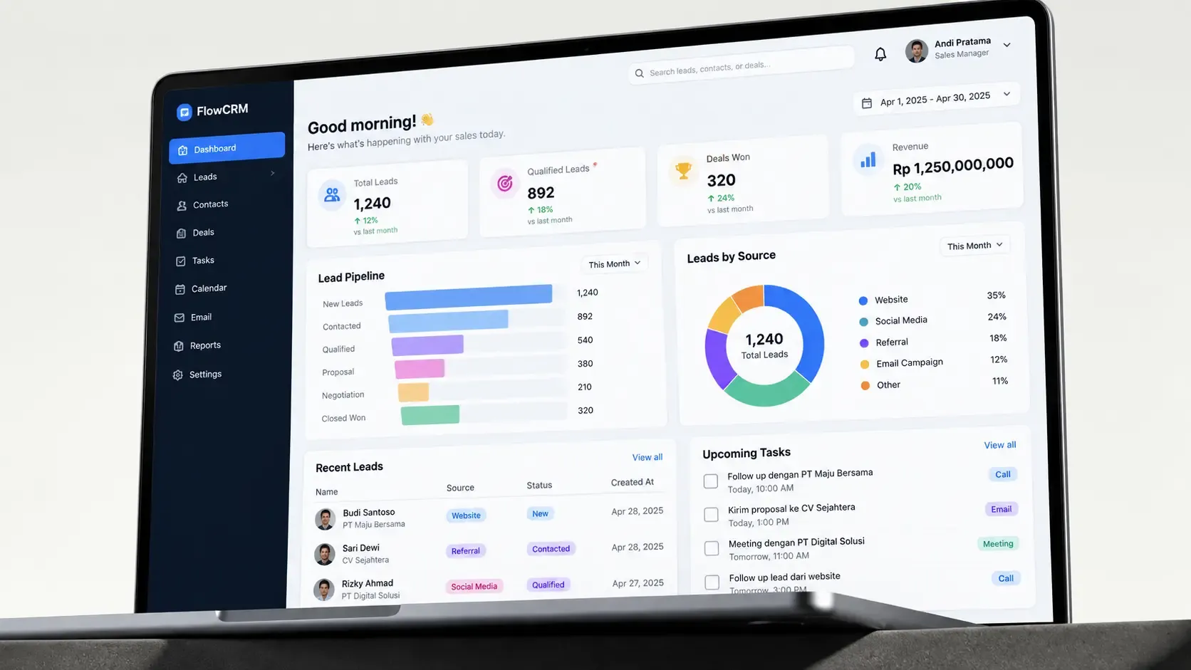 FlowCRM Sales Dashboard on Laptop.webp